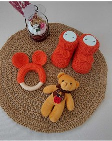 Resim BEGİN Kiremit Rengi Yenidogan Hediyelik Bebek El Örgü Akrilik Yün Diş Kaşıyıcı Patik Fiyonklu 0-6 Ay 