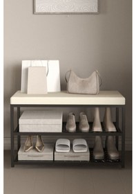 Resim Aju Ayakkabılık Puflu Süngerli Oturaklı Metal Ayakkabı Rafı Modern Vestiyer Baklavalı Metal Tasarım Benc Krem 