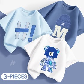 Resim 3 adet Mianzhi+0.75 Erkek Çocuk Kısa Kollu Tişörtler - %100 Pamuklu Yazlık Rahat Tişörtler Karikatür Baskılı, Düzenli Kesim Yuvarlak Yaka, Makinede Yıkanabilir 3-14 Yaş Çocuklar İçin (Beyaz ve Mavi), Sevimli Tişörtler 
