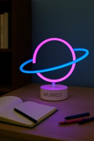 Resim Munico Dekoratif Neon Satürn Masa Lambası – LED Işıklı, USB ve Pilli, Çocuk Odası ve Bilim Köşesi İçin 