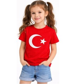 Resim Barlashive Kız Çocuk Tişört Bisiklet Yaka Ay Yıldız Bayrak Baskılı T-shirt - Kırmızı Çok Renkli 