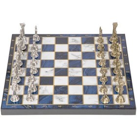 Resim Lüks Metal Satranç Takımı Krom Kaplama Pegasus Atları & Gök Mavi Mermer Desenli Tahta 20 Cm. 