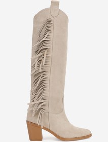 Resim TUNAELLİ KADIN BEJ SÜET HAKİKİ DOĞAL DERİ KÖRÜKLÜ PÜSKÜLLÜ WESTERN ÇİZME 