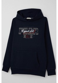Resim Breeze Erkek Çocuk Sweatshirt Kapüşonlu Yazı Baskılı Kanguru Cepli 9-14 Yaş, Lacivert Lacivert 