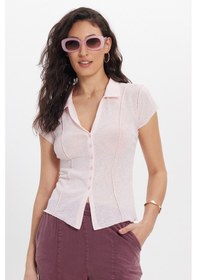 Resim Tudors Kadın Slim Fit Dar Kesim Kısa Kollu Gömlek Yaka Pembe Gömlek-50544 