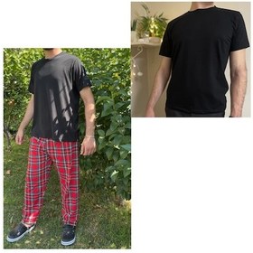 Resim Regular Fit Alt Ekose Pamuklu Örme Bisiklet Yaka Erkek Pijama Takımı 