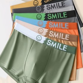 Resim 4 Adet Erkek Bokser Briefs - Solunabilir Esnek Kumaş ile "GÜLÜMSEME" Yazısı, Rahat Oturum, %95 Polyester %5 Spandex, Gündelik Kullanım İç Çamaşırı Çeşitli Renklerde (Siyah, Yeşil, Sarı, Turuncu, Mavi, Mor), Örgü 