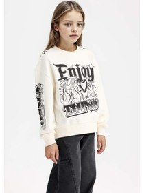 Resim DeFacto Kız Çocuk Oversize Geniş Kalıp Bisiklet Yaka Baskılı Sweatshirt D6629A824AUER99 Ekru 
