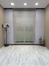 Resim Çift Mekanizmalı Gri Çizgili Desenli Tül Ve Gri Stor Perde - İthal Mat Polyester Gri 