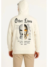 Resim Erkek Kapüşonlu Kanguru Cepli Sweatshirt 3 İplik Pamuklu Baskılı Hoodie - Beyaz 