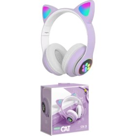 Resim Acl Kedi Kulaklı Bluetooth Kablosuz Renkli Işıklı Rgb Çocuk Oyuncu Kulaklık Hafıza Kartı Aux Girişli Kulak Üstü Kulaklık 