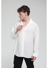 Resim R-3575 Apaş Yaka Uzun Kollu Aerobin Kumaş Oversize Gömlek - BEYAZ Beyaz 