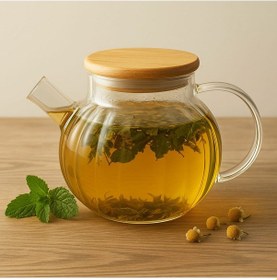 Resim Dekorasyaa Isıya Dayanıklı Süzgeçli Cam Bambu Demlik 1000ml Cam 