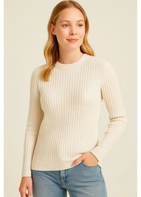 Resim Tua Moda Bisiklet Yuvarlak Yaka Triko Kazak Pamuklu Kalın Fitilli Dokuma, Regular Fit Uzun Kollu Kışlık Model - Bej Bej 