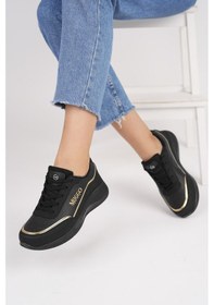 Resim Muggo Happy Garantili Kadın Ortopedik Günlük Bağcıklı Şık Rahat Sneaker Spor Ayakkabı Siyah - Altın 