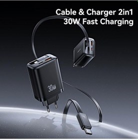 Resim Usams Cc296 30w Hızlı Şarj Cihazı, Geri Çekilebilir Usb-c / Tip-c Kablolu, Ab Fişi Siyah 