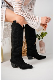 Resim Favi Ayakkabı Siyah Süet Burnu Ve Yanları Nakış Işlemeli Kovboy Tarzı Çizme 