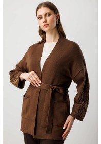 Resim On Fashion Kadın Kolları Taşlı Kuşaklı Triko Kahverengi Hırka 60902 Kahve 