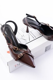 Resim Divolya Pony Kahverengi Rugan ( 8 CM TOPUKLU ) Sivri Burun Kapalı Tokalı Arkası Açık Stiletto Ayakkabı 