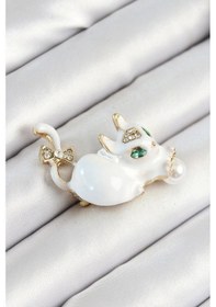 Resim Ceylan Adam Zirkon Taşlı İnci Detaylı Beyaz 3d Kedi Figürlü Gold Renk Kadın Broş Çok Renkli 