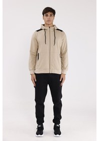 Resim Rowinger Omuz Panel Detaylı Fermuarlı Kapüşonlu Erkek Sweatshirt Beıge 