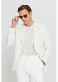 Resim AC&Co / Altınyıldız Classics Erkek Ekru 360 Her Yöne Esneyen Pamuklu Esnek Slim Fit Dar Kesim Mono Yaka Armürlü Blazer Ceket Ekru 