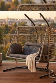 Resim KalyonHome Salina Çift Kişilik Bahçe Salıncağı Balkon Salıncağı Ayaklı Salıncak Gri Sentetik Rattan 200 cm 