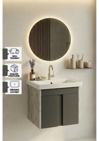 Resim Lavanta 50 Cm, Led Aynalı, Banyo Dolabı Seti, Seramik Lavabo Dahil, Mdf, Led'li Gümüş 