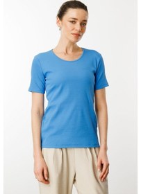 Resim Kadın Sıfır Yaka Kısa Kol Pamuk Kaşkorse T-shirt Mavi Mavi 