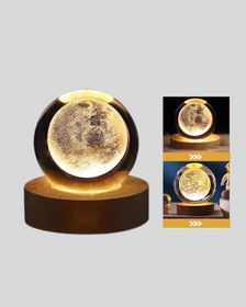 Resim Usb Işıklı Ay Kristal Küre 3d Oyma Tasarım Ahşap Standlı Gece Lambası 