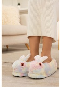 Resim Kadın Hayvanlı Kışlık Peluş Tavşan Panduf Ev Terliği Beyaz 