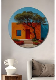 Resim Turuncu Ev Ve Kırmızı Kapı Modern Sanat Görünümlü Ahşap Dekoratif Tablo Yuvarlak Duvar Tablosu--4588-15--- 30 X 30 