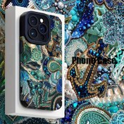 Resim Yapay Deriden Yapılmış Mavi Boncuklu Süslü Ziyafet Koruyucu Kılıf, iPhone 16, 15, 14, 13, 12, 11, X, XR, XS, 8, 7 Plus Pro Max Serisi için Yaratıcı Lüks Tam Kaplama Telefon Kılıfı 