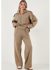 Resim Lela Pamuklu Oversize Fit Yarım Fermuarlı Yaka Uzun Kollu Triko Bayan Takım 68351218 Haki 