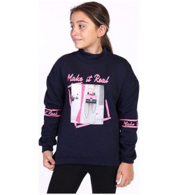 Resim Toontoy Kız Çocuk Baskılı Taş İşlemeli Balıkçı Yaka Sweatshirt Lacivert 