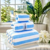 Resim 3 adet, Çizgili Banyo Havlusu Seti - Ultra Yumuşak, Süper Emici Mikrofiber, Banyo Havlusu, El Havlusu ve Kare Havlusu Dahil - Püskürtme Yok, Hafif Bej Dostu, Ev ve Otel Kullanımı İçin Uygun, Banyo Havluları, Yıkama Bezleri 