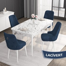 Resim Canisa Concept Noa Serisi,80 x 132 cm Açılabilir Mdf Masa,beyaz Mermer Desen Mutfak Masa Takımı, 4 Sandalye Gümüş Halkalı 