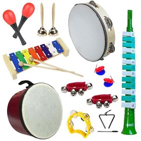 Resim Midex Örf Aletleri Seti Median Paket-2 Maracas Zil Kastanyet Üçgen Ritim Ksilofon Davul Tef (11 Parça) 