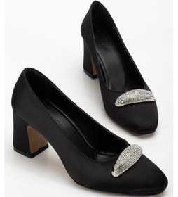 Resim Kadın Siletto Topuklu Ayakkabı Siyah Saten Taşlı Kalın Topuklu-4166 Siyah 