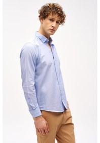 Resim Mavi Dynamic Fit Düğmeli Yaka Düz Uzun Kollu Cepsiz Pamuklu Gömlek-16290 Mavi 