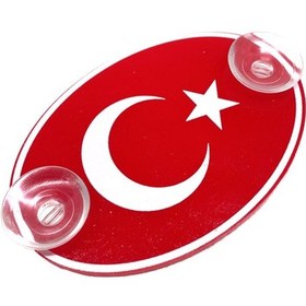 Resim Türkiye Bayraklı Kırmızı Oval Vantuzlu Pleksi Cam Süsü Beyaz 13x8cm 