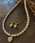 Resim Doğaltaş Gümüş Gold İnci Kolye ve Küpe Set 