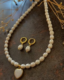 Resim Doğaltaş Gümüş Gold İnci Kolye ve Küpe Set 
