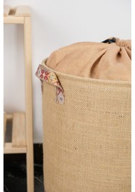 Resim Garnili Etnik Tarz Fileli Jüt Sepet - Kıyafet Havlu Kirli Çamaşır Sepeti 37 X 40 Bej 