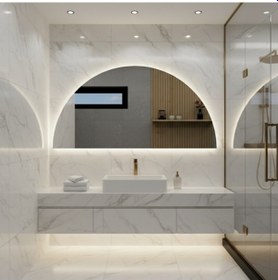 Resim 45x90 Cm Yarım Oval Led Banyo Aynası Dokunmatik Sensörlü, Dimmerli, 6500 Beyaz Işıklı Modern Duvar Aynası Beyaz 