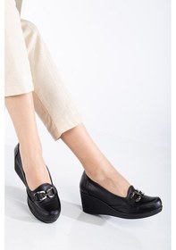 Resim Dilimler Ayakkabı Kadın Dolgu Topuklu Ayakkabı Siyah Yüzlü Tokalı-3674 Siyah 