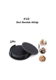 Resim Deri Bardak Altlığı 4 Adet Bardak Altlığı Yuvarlak Tasarım Ofiste Evde Masanızı Tamamlayıcı Bardak Mat Siyah 