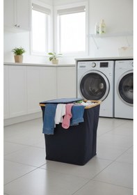 Resim Bambu Çerçeveli 100 Litre Kapaklı Katlanabilir Çamaşır Sepeti, 2 Bölmeli Kirli Sepeti 60x54x33 Siyah 