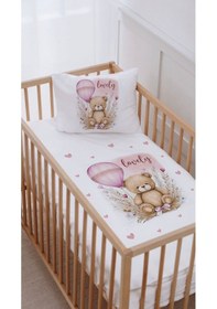 Resim %100 Pamuk Anne Yanı Beşik Nevresim Takımı 60x100 Pembe Balonlu Ayıcık 