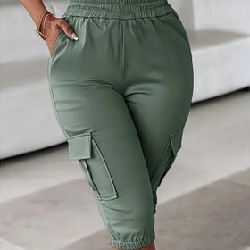 Resim Kadınların Çoklu Cep Detaylı Yüksek Bel Kargo Pantolonları - Zeytin Yeşili, Elastik Bel Bandı, Rahat Stil, Tüm Mevsimler İçin Konfor, Yüksek Bel Pantolonlar 